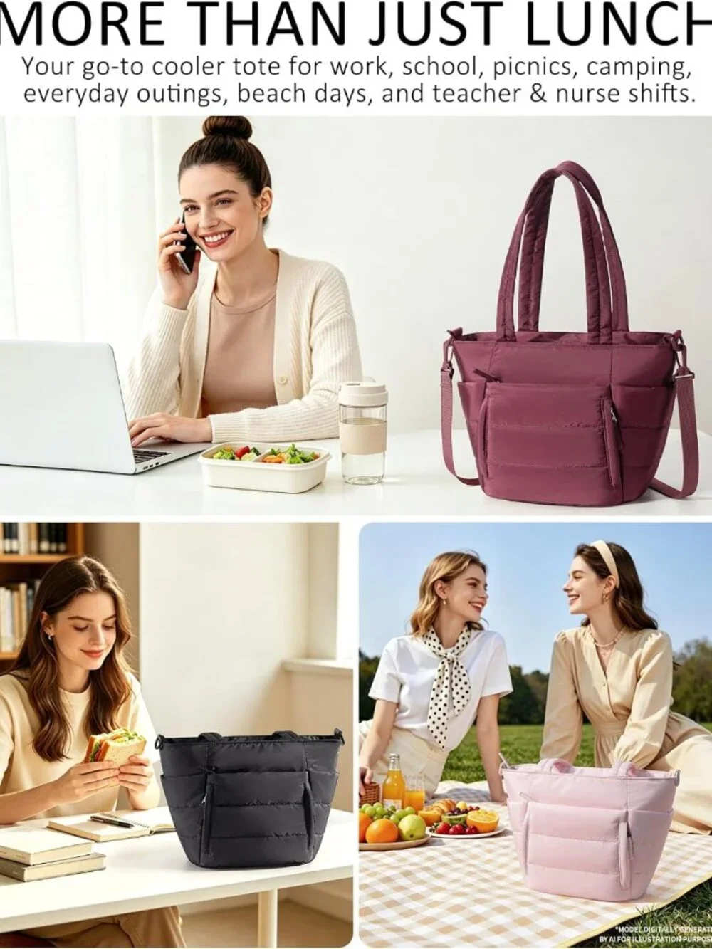 Stylish Insulated Lunch Tote Bag for Women - Puffy Cooler Lunch Box